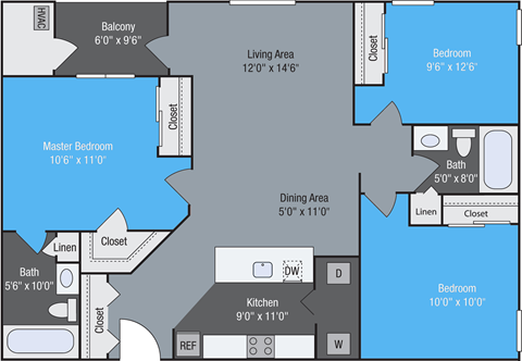 Floor plan for 3 beds, 2 baths, 1160 sqft
